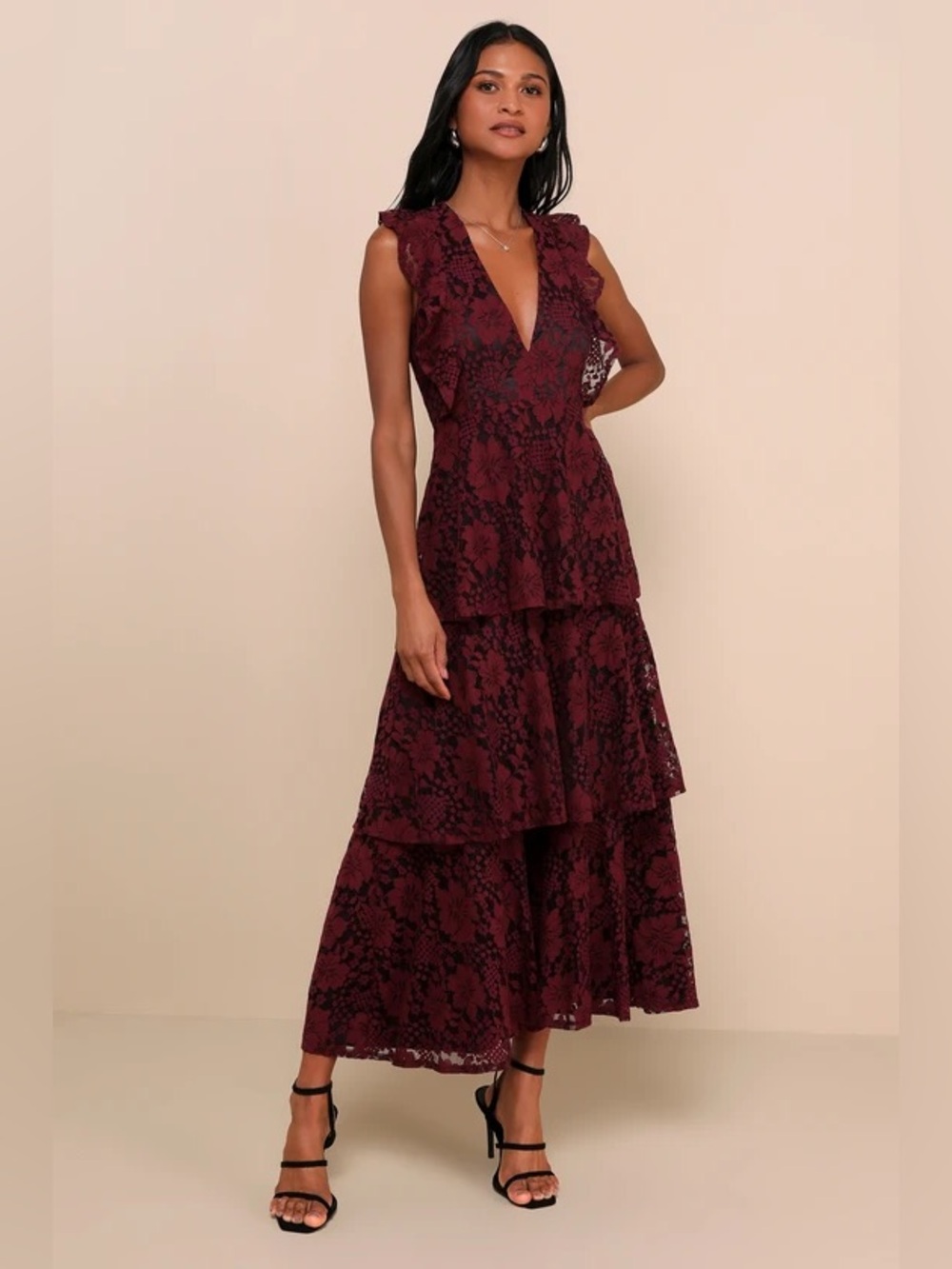 Lulu's Molinetto Burgundy Lace Ruffled Tiered Sleeveless Maxi Dress